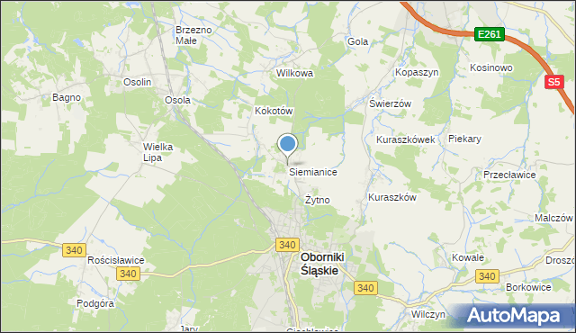 mapa Siemianice, Siemianice gmina Oborniki Śląskie na mapie Targeo